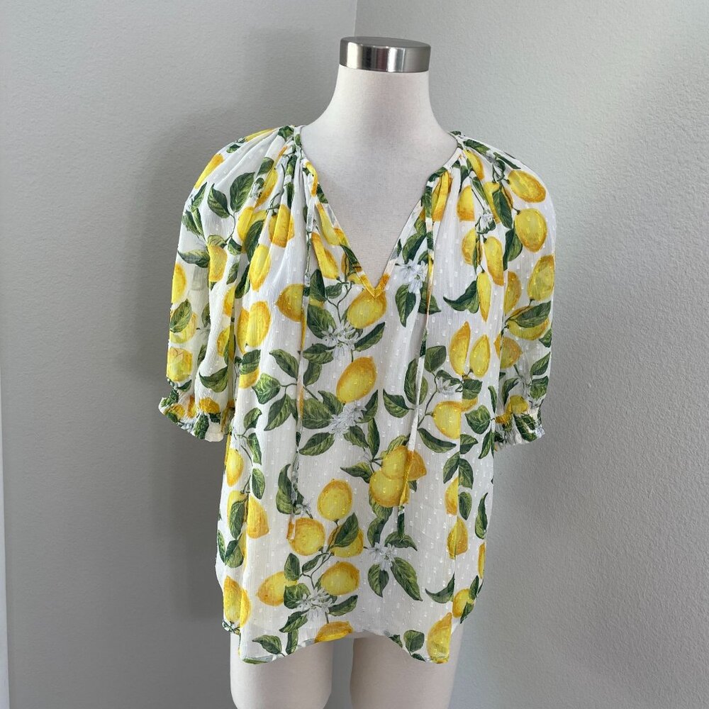 Joie Womens Medium Lemon Print V Neck Blouse White Yellow V Neck Short Sleeve